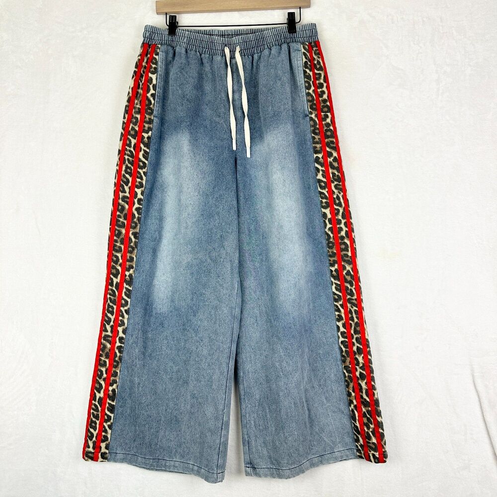 Jodifl Drawstring Wide Leg Leopard Side Denim Pants Size XL Stripe High Rise - Picture 3 of 8